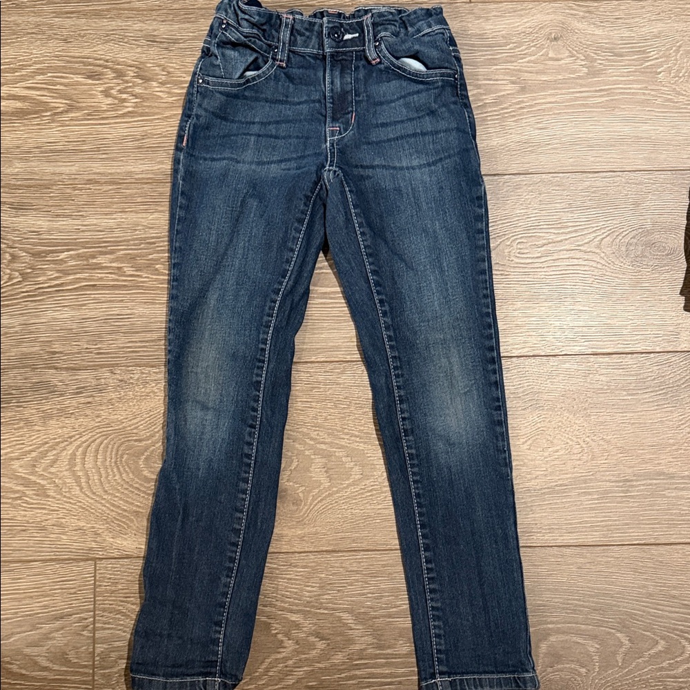 Girls Skinny Leg Blue Jeans with Pink Stitching adjustable waist 7